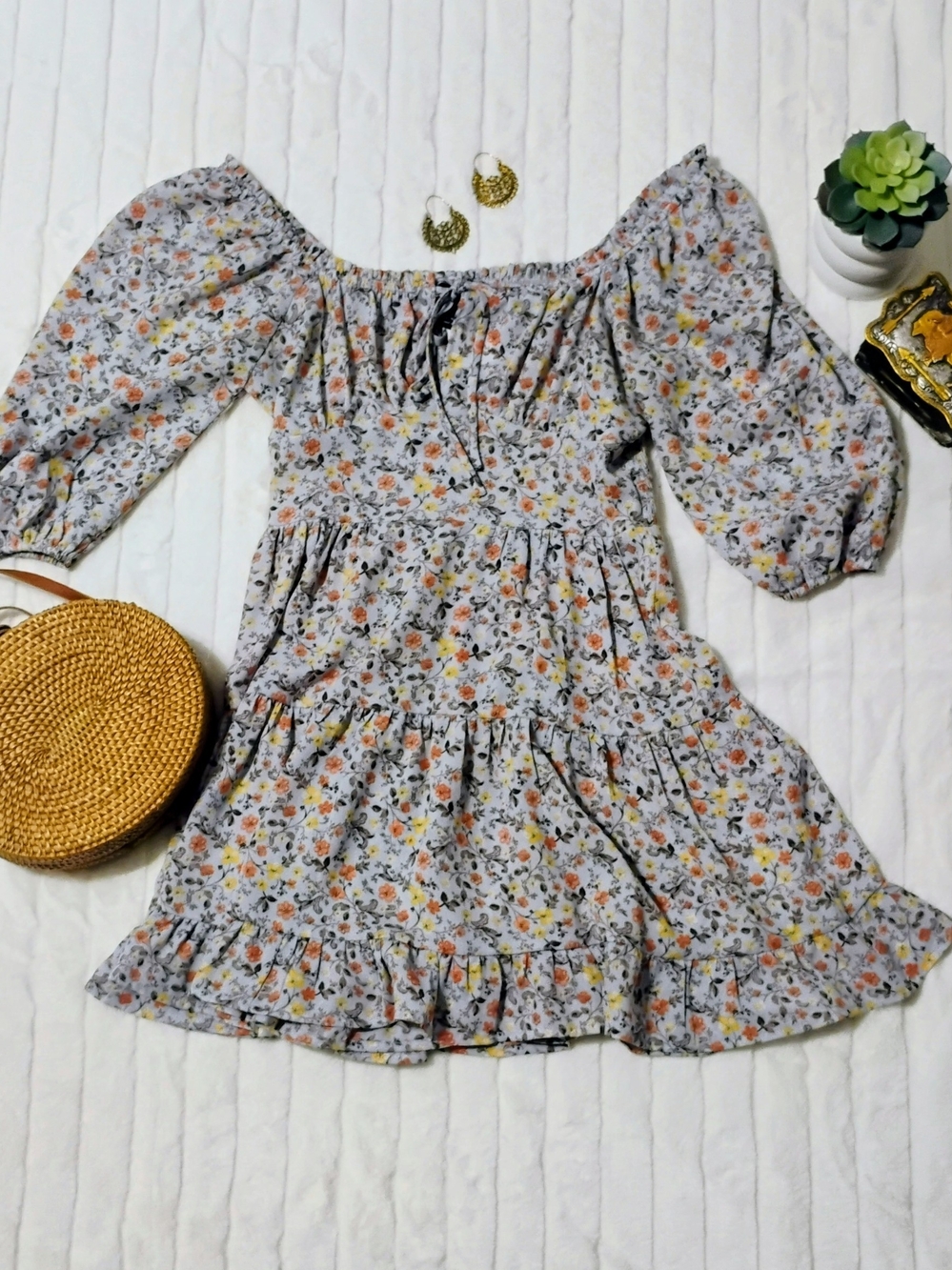 Small- Forever 21 White Floral Mini Dress with Yellow & Orange Blooms